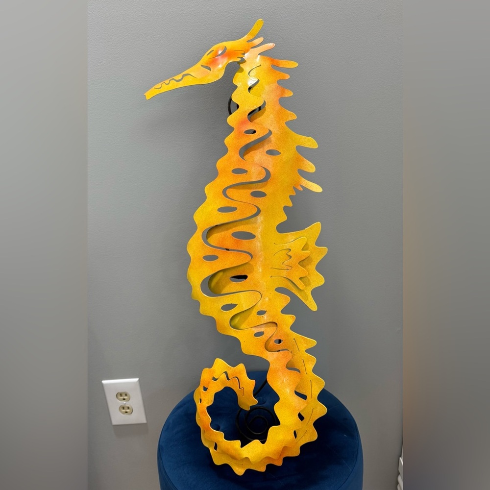 Wall Art 3D Seahorse Yellow and Orange Metal with Candle Holder 30”x10”
